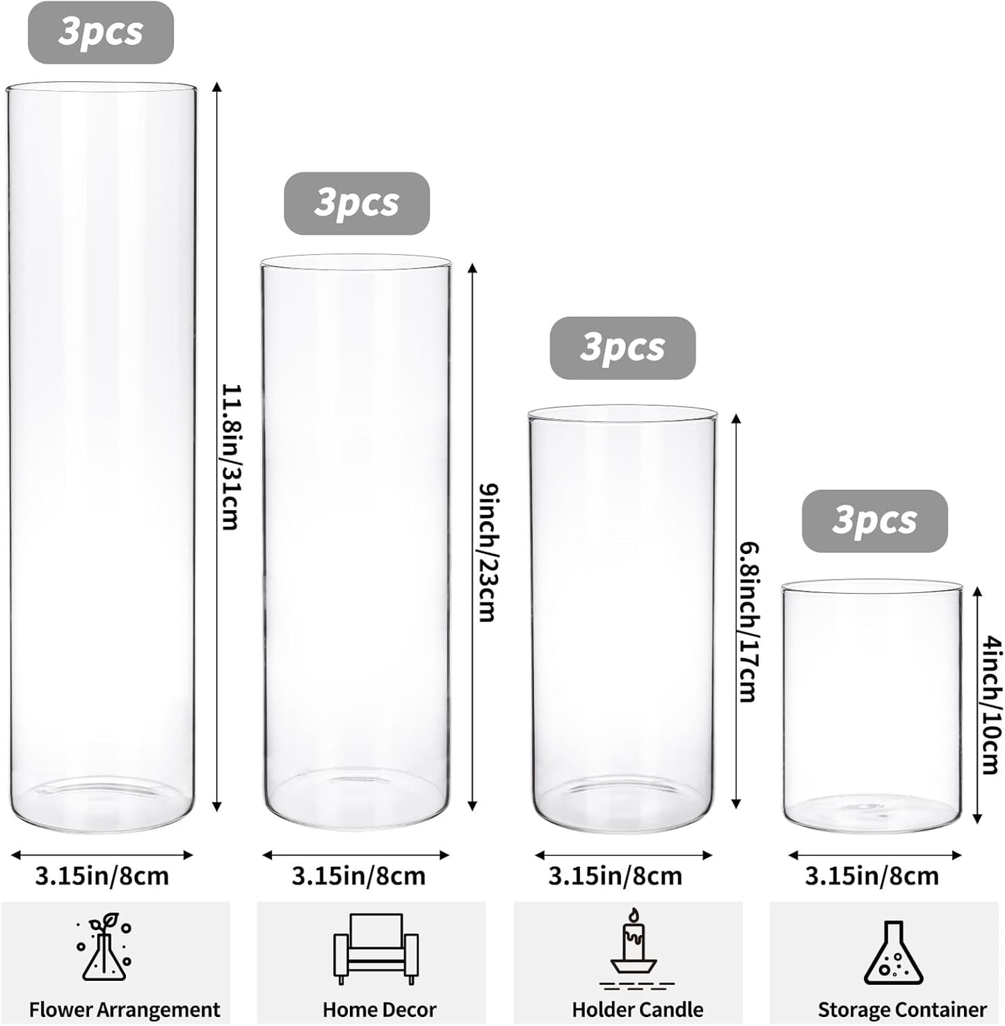 CEWOR 12pcs Glass Cylinder Vase 4, 6.8, 9, 12 Inch Glass Candle Holder Clear Vases for Centerpieces Tall Flower Vase for Wedding Home Decor Party 4 Different Sizes