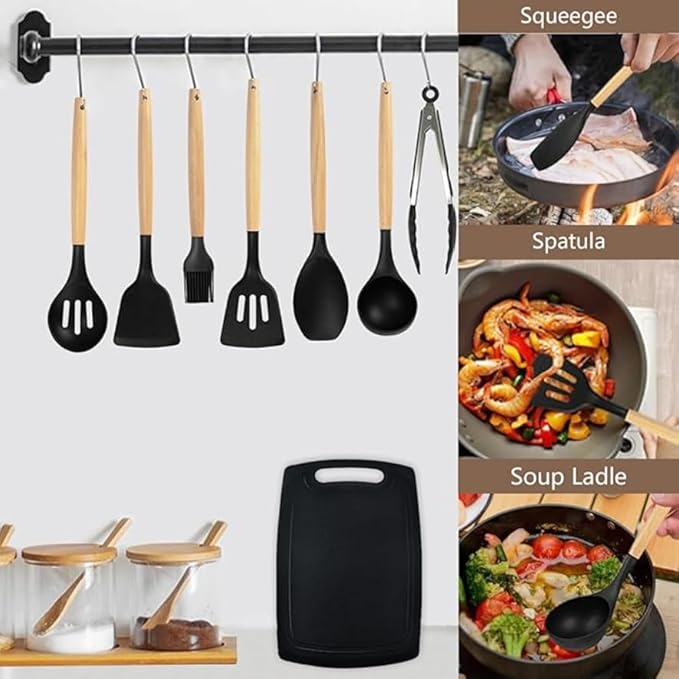 19 Piece Kitchenware Utensils and Knife Set- includes: 9 Piece Silicone Cooking Utensils- 5 Piece Sharp Stainless Steel Chef Knives- Scissors -Whisk Tongs and Cutting Board (Black)