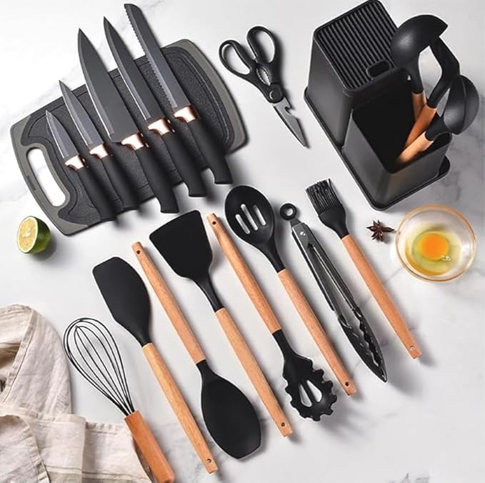 19 Piece Kitchenware Utensils and Knife Set- includes: 9 Piece Silicone Cooking Utensils- 5 Piece Sharp Stainless Steel Chef Knives- Scissors -Whisk Tongs and Cutting Board (Black)