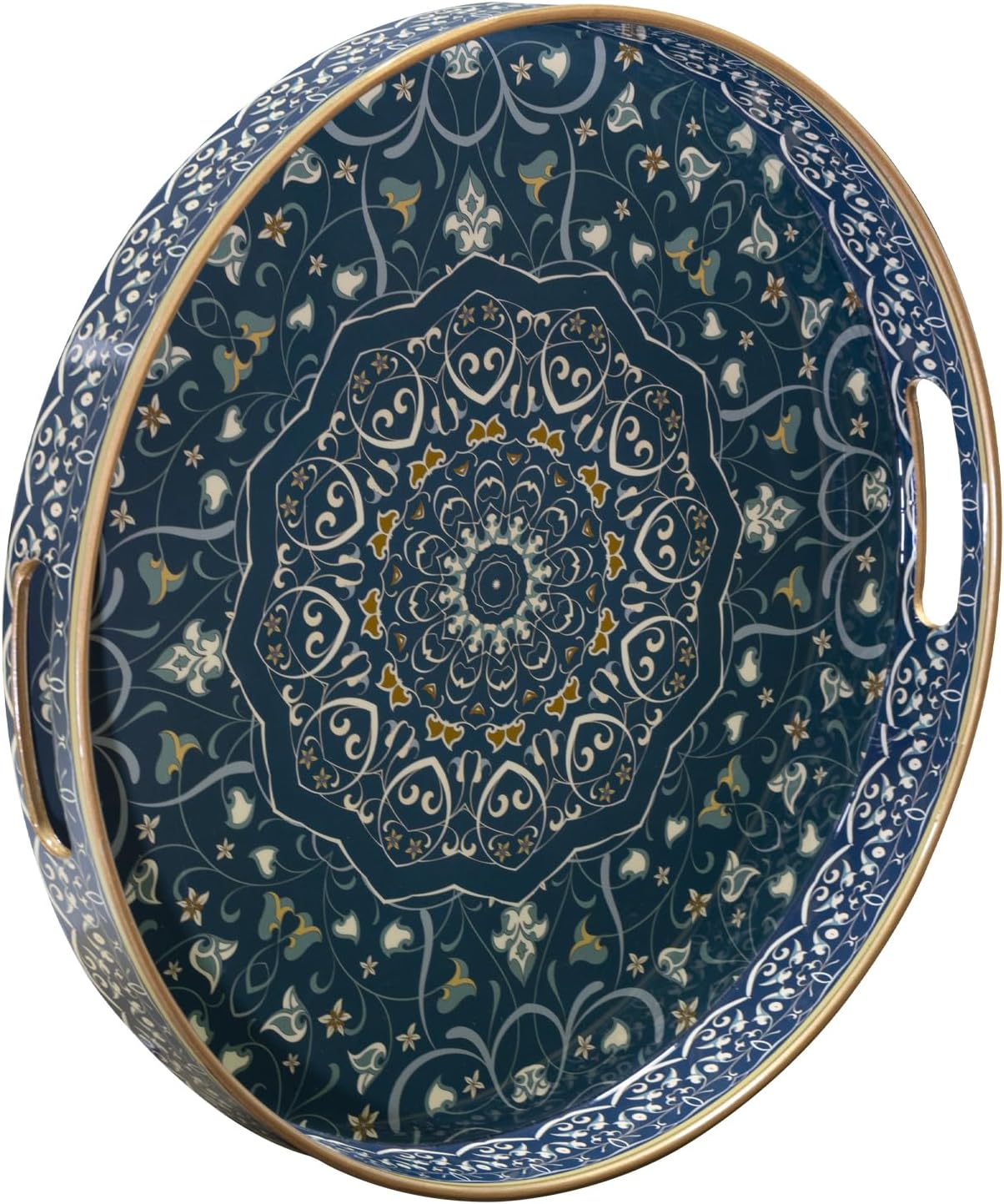 MAONAME Serving Tray with Handles, Plastic Rectangular Tray for Coffee Table, Dark Blue Boho Decorative Trays for Ottoman, Living Room, 15.8" Lx 11.8" W X 1.6" H