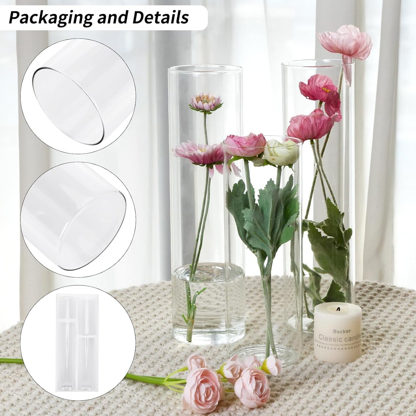 CEWOR 12pcs Glass Cylinder Vase 4, 6.8, 9, 12 Inch Glass Candle Holder Clear Vases for Centerpieces Tall Flower Vase for Wedding Home Decor Party 4 Different Sizes