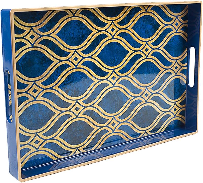 MAONAME Serving Tray with Handles, Plastic Rectangular Tray for Coffee Table, Dark Blue Boho Decorative Trays for Ottoman, Living Room, 15.8" Lx 11.8" W X 1.6" H