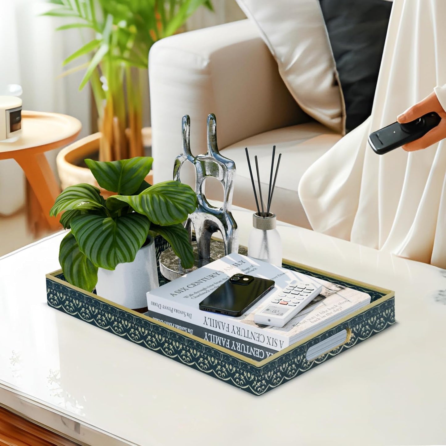 MAONAME Serving Tray with Handles, Plastic Rectangular Tray for Coffee Table, Dark Blue Boho Decorative Trays for Ottoman, Living Room, 15.8" Lx 11.8" W X 1.6" H