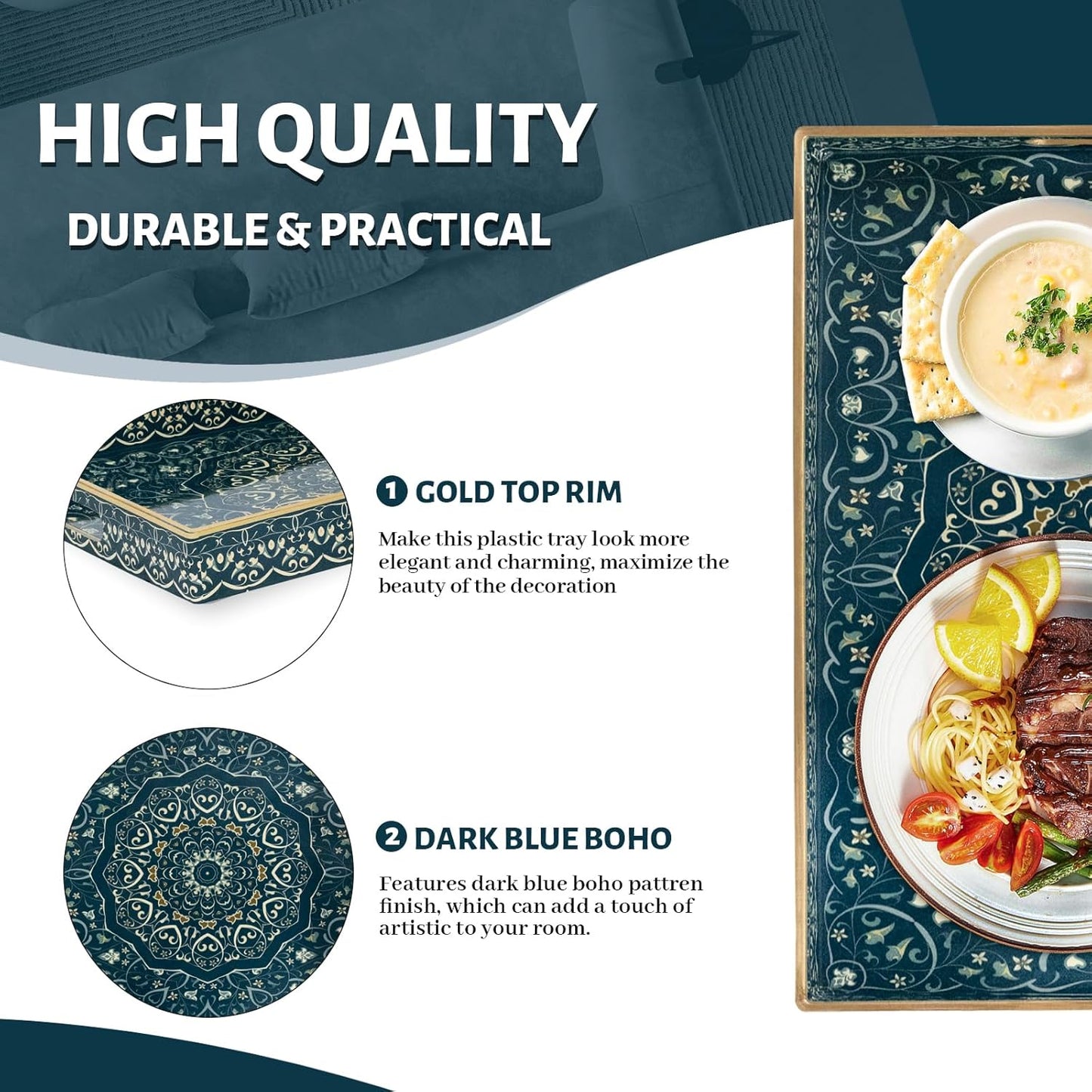 MAONAME Serving Tray with Handles, Plastic Rectangular Tray for Coffee Table, Dark Blue Boho Decorative Trays for Ottoman, Living Room, 15.8" Lx 11.8" W X 1.6" H
