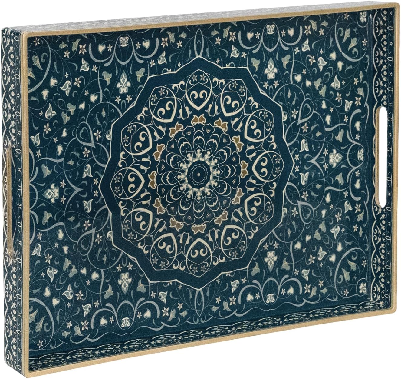 MAONAME Serving Tray with Handles, Plastic Rectangular Tray for Coffee Table, Dark Blue Boho Decorative Trays for Ottoman, Living Room, 15.8" Lx 11.8" W X 1.6" H