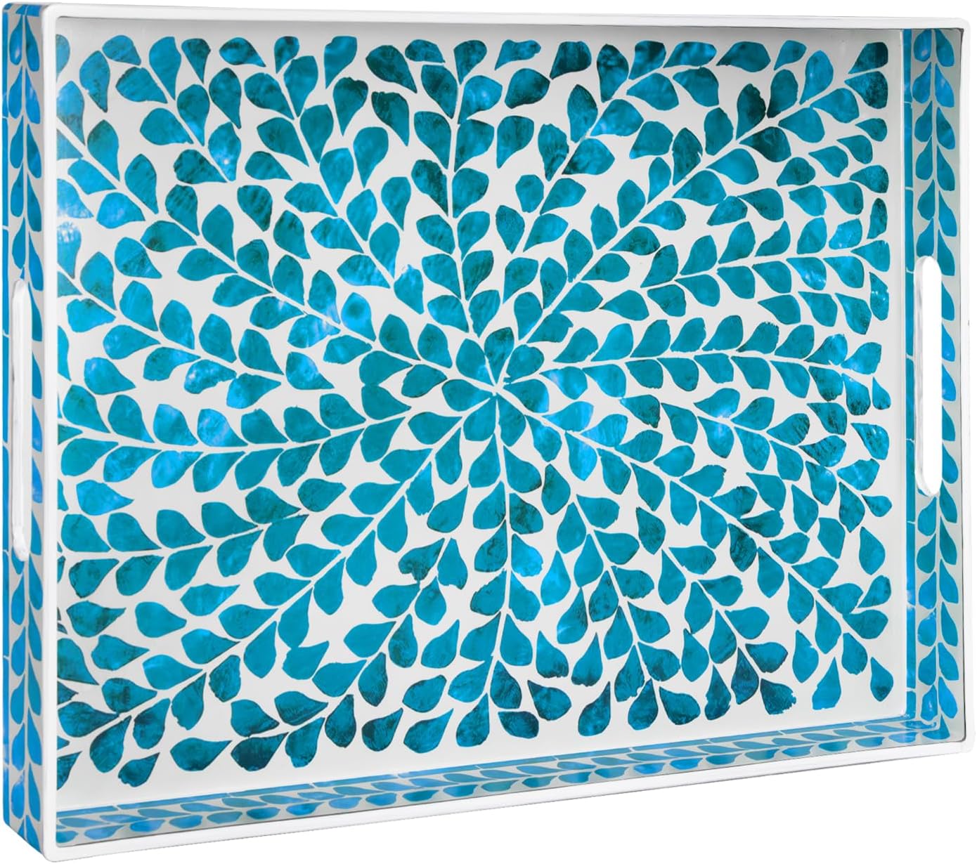 MAONAME Serving Tray with Handles, Plastic Rectangular Tray for Coffee Table, Dark Blue Boho Decorative Trays for Ottoman, Living Room, 15.8" Lx 11.8" W X 1.6" H