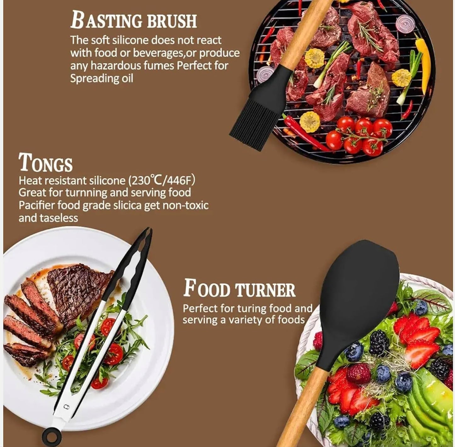 silicon Cooking Utensils Set, 33 pcs Non-Stick Utensils Spatula Set with Holder,Wooden Handle Silicone Kitchen Gadgets, large, Black/wood