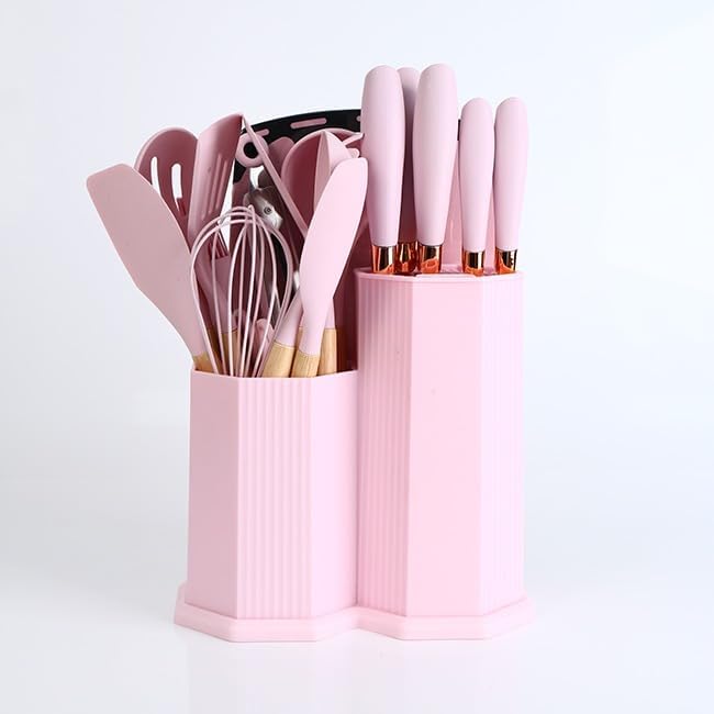 Cooking Utensils Set, 19 PCS Silicone Kitchen Utensils Set with Holder and Kitchen Knife Set for Cooking, Non-stick Heat Resistan Kitchen Tools and Gadgets with Wooden Handle (Light Green)