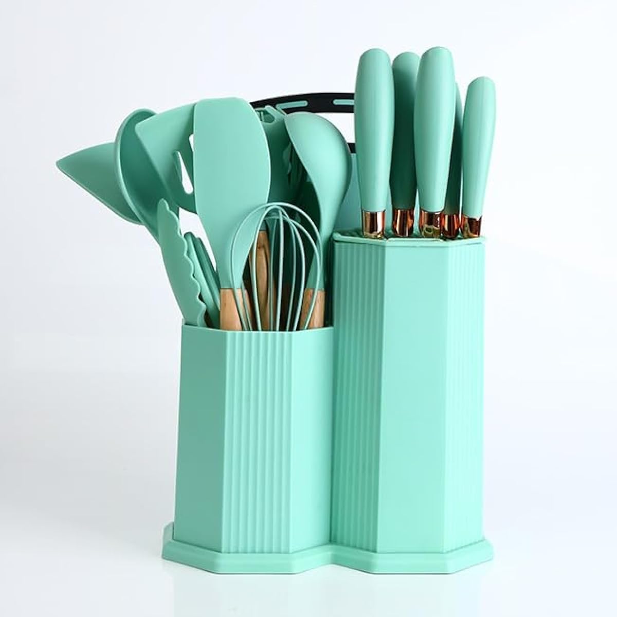 Cooking Utensils Set, 19 PCS Silicone Kitchen Utensils Set with Holder and Kitchen Knife Set for Cooking, Non-stick Heat Resistan Kitchen Tools and Gadgets with Wooden Handle (Light Green)