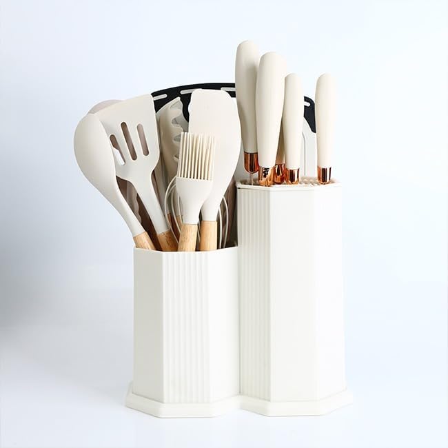 Cooking Utensils Set, 19 PCS Silicone Kitchen Utensils Set with Holder and Kitchen Knife Set for Cooking, Non-stick Heat Resistan Kitchen Tools and Gadgets with Wooden Handle (Light Green)