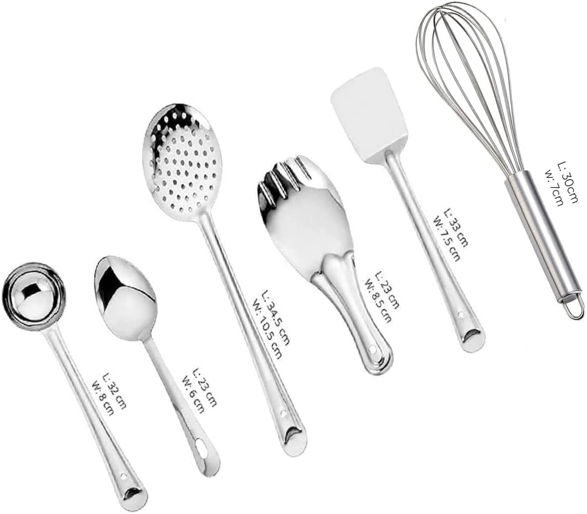 6 Pcs Stainless Steel Cooking Utensils Set Kitchen Gadgets Utensil Set Includes Spatula, Ladle, Skimmer, Slotted Turner, Flex Turner & Steel Whisker, Silver