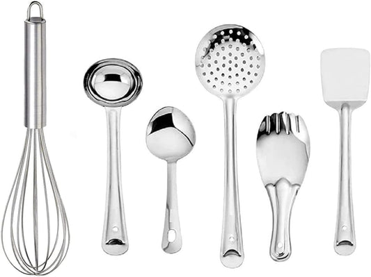 6 Pcs Stainless Steel Cooking Utensils Set Kitchen Gadgets Utensil Set Includes Spatula, Ladle, Skimmer, Slotted Turner, Flex Turner & Steel Whisker, Silver