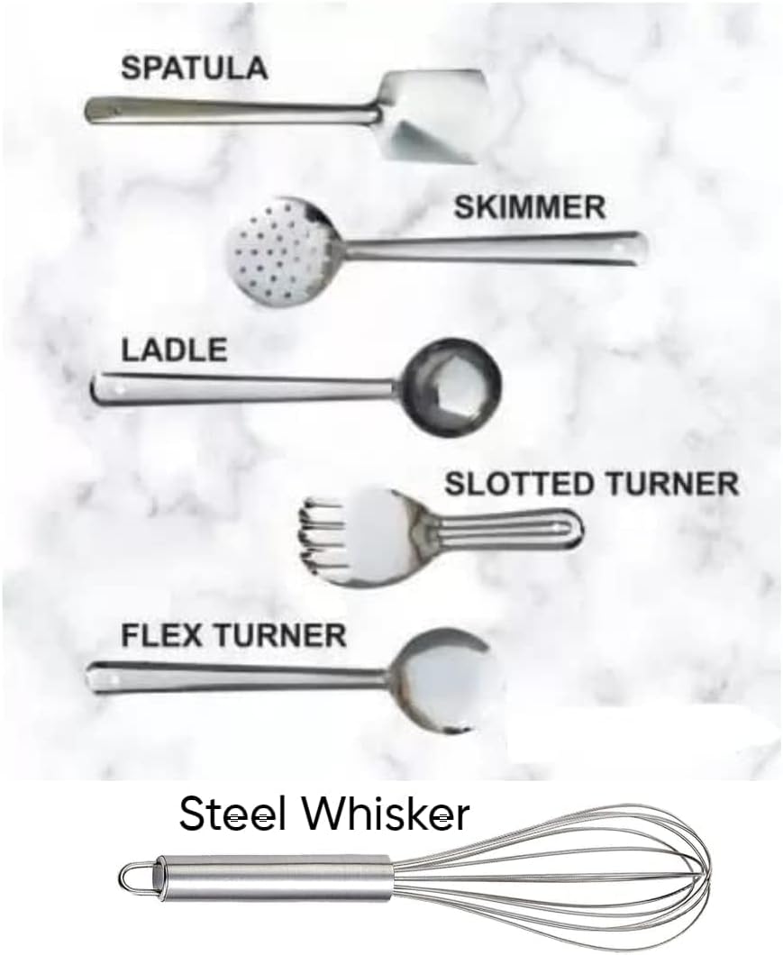 6 Pcs Stainless Steel Cooking Utensils Set Kitchen Gadgets Utensil Set Includes Spatula, Ladle, Skimmer, Slotted Turner, Flex Turner & Steel Whisker, Silver