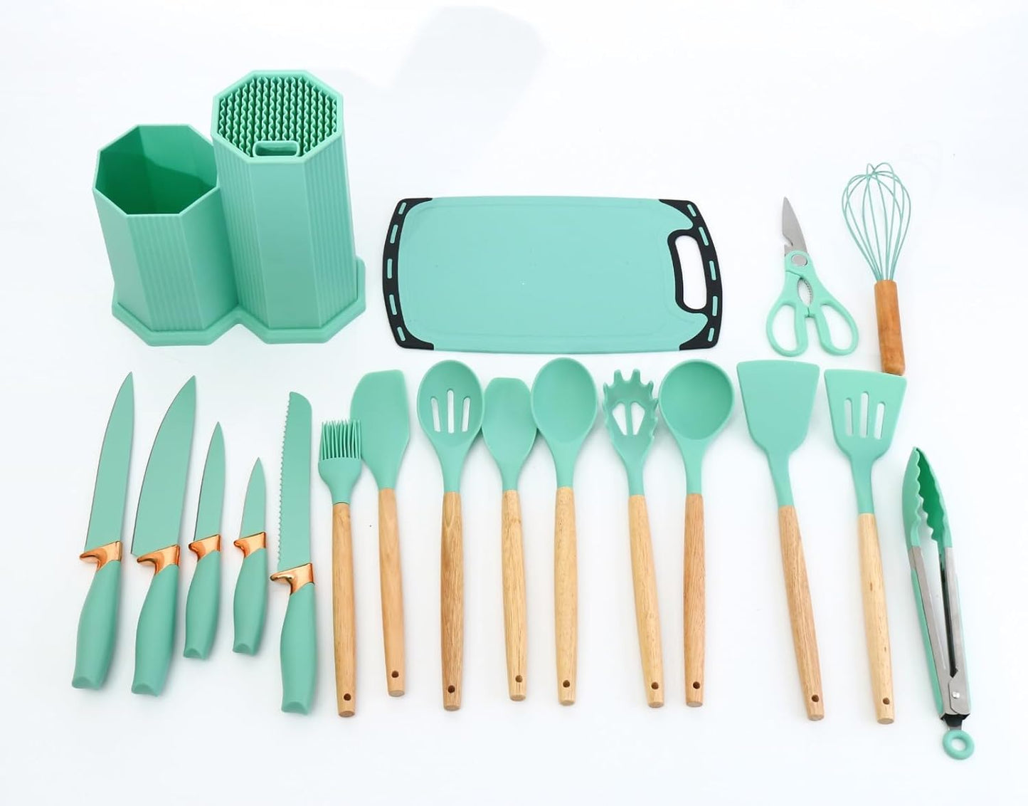 Cooking Utensils Set, 19 PCS Silicone Kitchen Utensils Set with Holder and Kitchen Knife Set for Cooking, Non-stick Heat Resistan Kitchen Tools and Gadgets with Wooden Handle (Light Green)