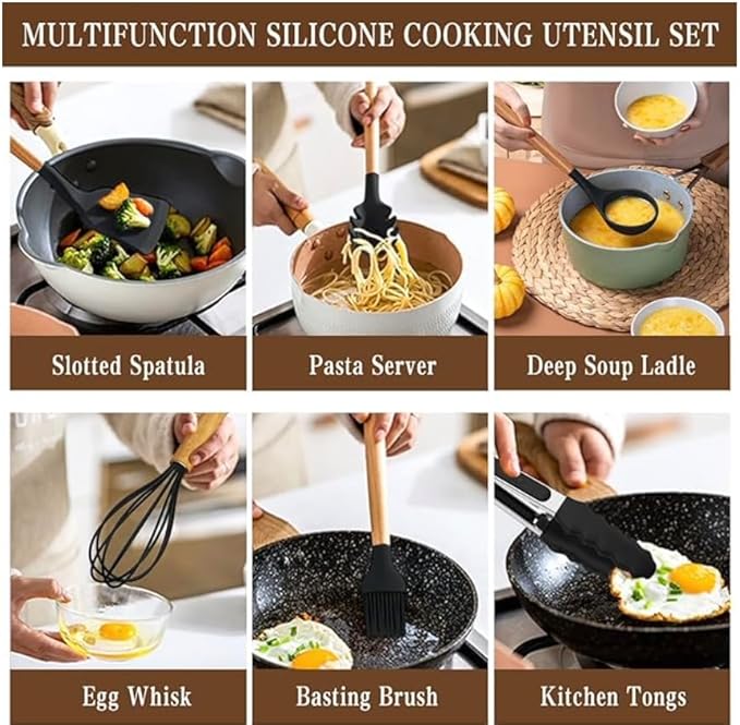 silicon Cooking Utensils Set, 33 pcs Non-Stick Utensils Spatula Set with Holder,Wooden Handle Silicone Kitchen Gadgets, large, Black/wood