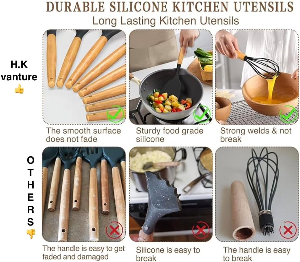 silicon Cooking Utensils Set, 33 pcs Non-Stick Utensils Spatula Set with Holder,Wooden Handle Silicone Kitchen Gadgets, large, Black/wood