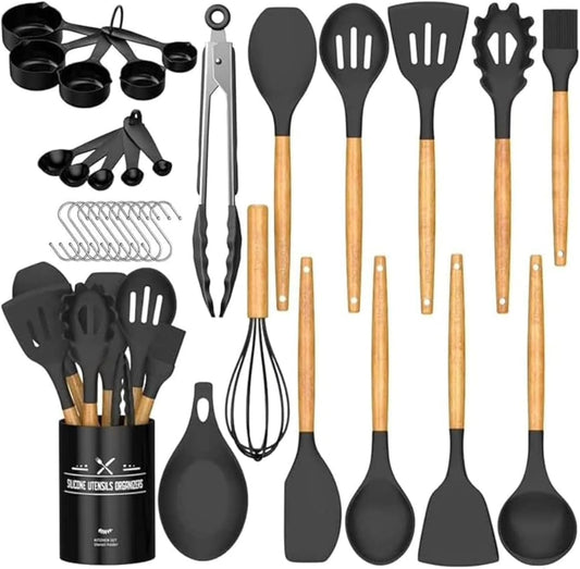 silicon Cooking Utensils Set, 33 pcs Non-Stick Utensils Spatula Set with Holder,Wooden Handle Silicone Kitchen Gadgets, large, Black/wood