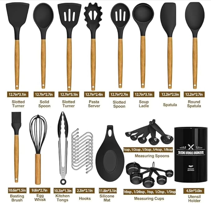 silicon Cooking Utensils Set, 33 pcs Non-Stick Utensils Spatula Set with Holder,Wooden Handle Silicone Kitchen Gadgets, large, Black/wood