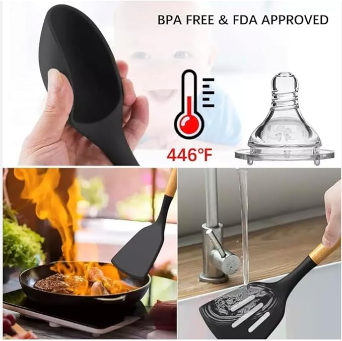silicon Cooking Utensils Set, 33 pcs Non-Stick Utensils Spatula Set with Holder,Wooden Handle Silicone Kitchen Gadgets, large, Black/wood
