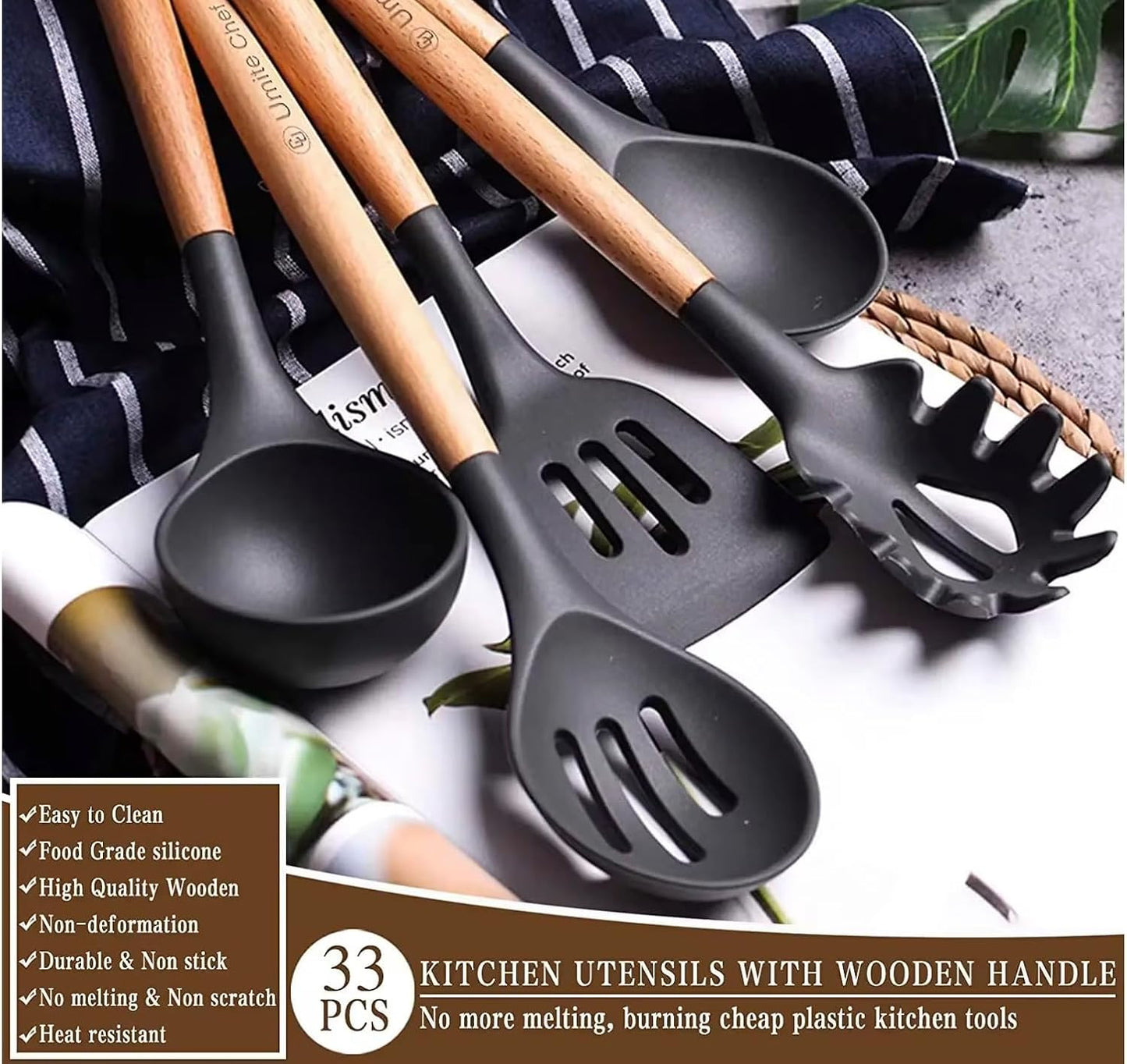 silicon Cooking Utensils Set, 33 pcs Non-Stick Utensils Spatula Set with Holder,Wooden Handle Silicone Kitchen Gadgets, large, Black/wood