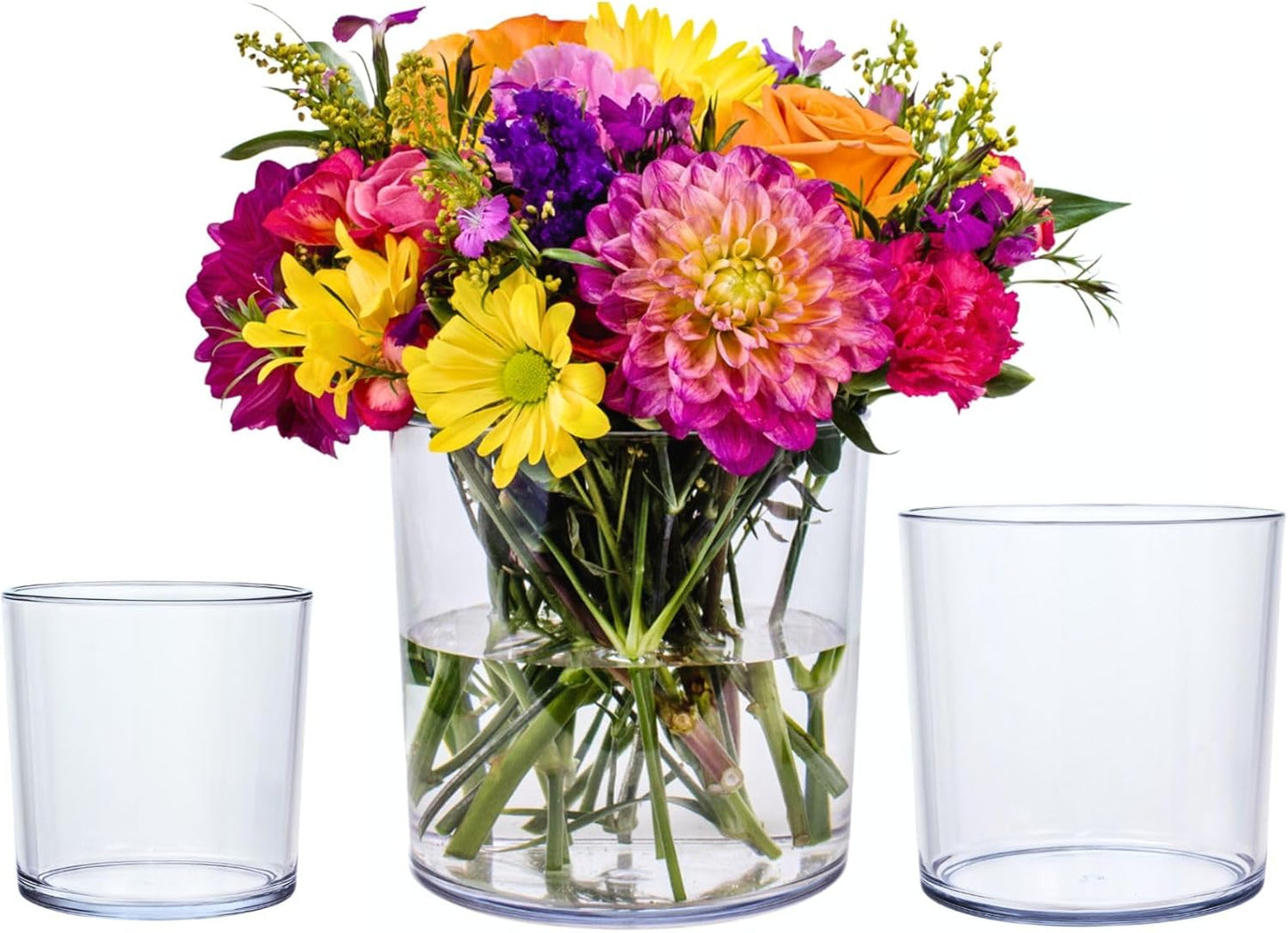 Non-Acrylic Plastic Vases: Crystal-Clear, Non-Glass Flower Vases, Ideal for Home Decor, Events, and Weddings. Set of (2) 4x4” Cylinders