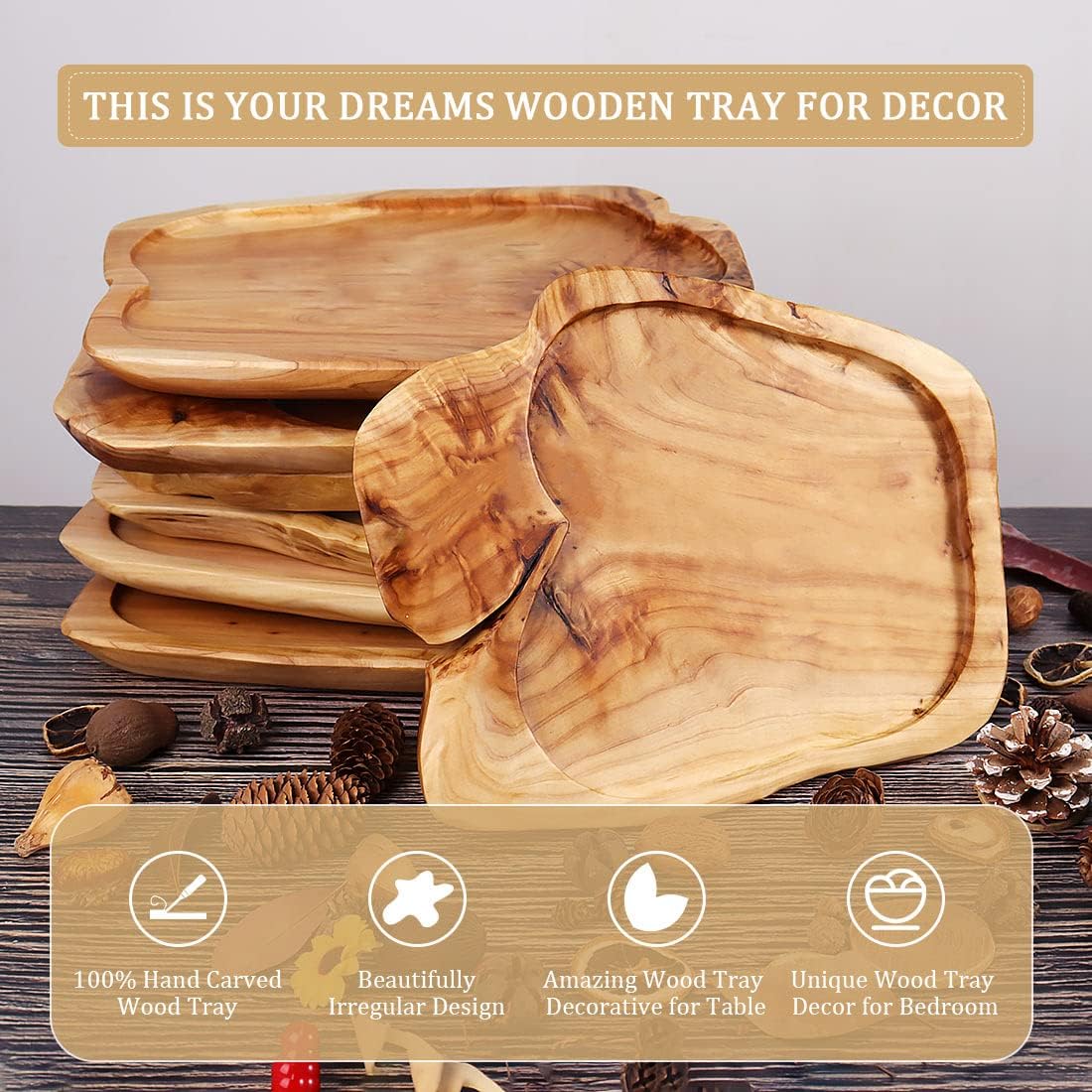 Wooden Tray for Decor, Small Wood Serving Platter, Rustic Wood Decorative Tray, Farmhouse Candle Holder Decorative for Home Decor, 13x9.8x1.5 Inch