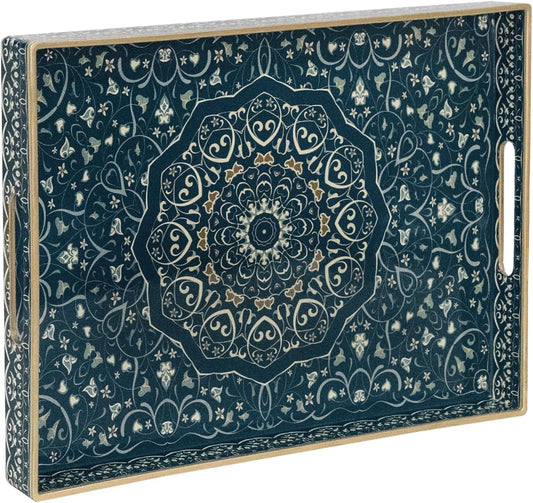 MAONAME Serving Tray with Handles, Plastic Rectangular Tray for Coffee Table, Dark Blue Boho Decorative Trays for Ottoman, Living Room, 15.8" Lx 11.8" W X 1.6" H